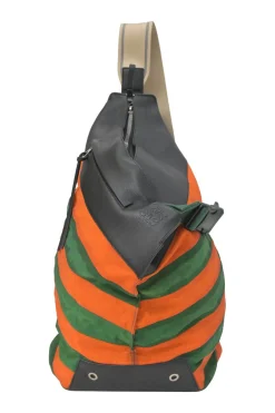 Orange and green Rugby-striped canvas 'Anton' convertible backpack featuring black calf leather trim with debossed Anagram motif