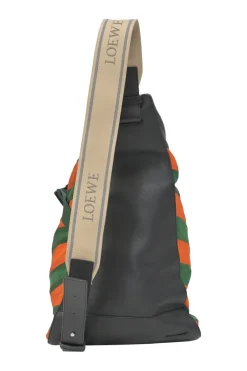 Orange and green Rugby-striped canvas 'Anton' convertible backpack featuring black calf leather trim with debossed Anagram motif