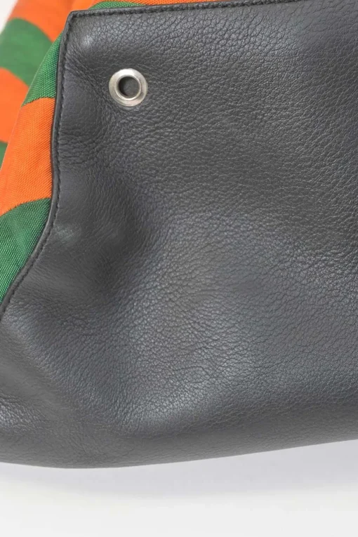 Orange and green Rugby-striped canvas 'Anton' convertible backpack featuring black calf leather trim with debossed Anagram motif