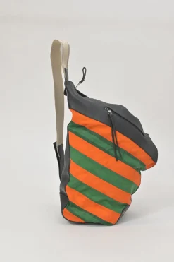 Orange and green Rugby-striped canvas 'Anton' convertible backpack featuring black calf leather trim with debossed Anagram motif