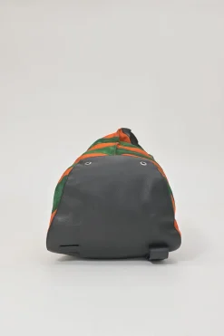 Orange and green Rugby-striped canvas 'Anton' convertible backpack featuring black calf leather trim with debossed Anagram motif