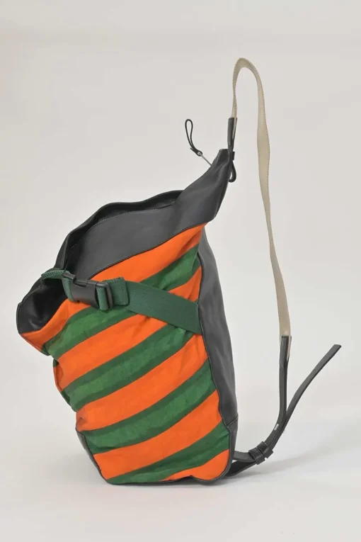 Orange and green Rugby-striped canvas 'Anton' convertible backpack featuring black calf leather trim with debossed Anagram motif