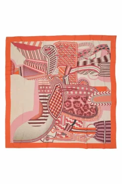 Orange and pink cashmere-silk blend 'La Selle Imaginaire' Dossard scarf featuring original artwork by Jan Bajtlik