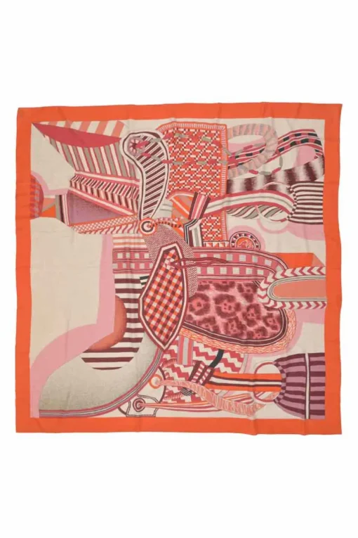 Orange and pink cashmere-silk blend 'La Selle Imaginaire' Dossard scarf featuring original artwork by Jan Bajtlik