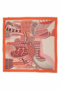 Orange and pink cashmere-silk blend 'La Selle Imaginaire' Dossard scarf featuring original artwork by Jan Bajtlik