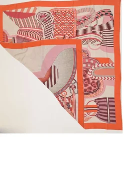 Orange and pink cashmere-silk blend 'La Selle Imaginaire' Dossard scarf featuring original artwork by Jan Bajtlik