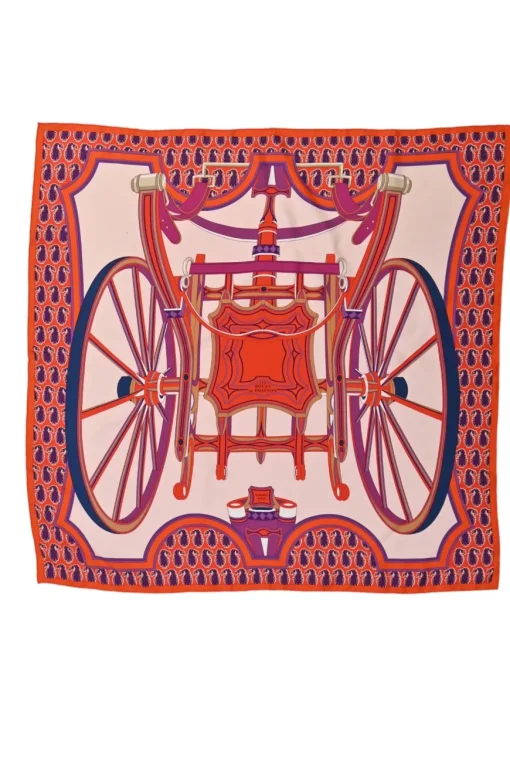 Orange and purple silk 'Les Roues de Phaeton' scarf