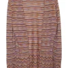 Orange and purple viscose-blend warp knit striped open-front cardigan with chevron-scalloped hem