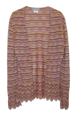 Orange and purple viscose-blend warp knit striped open-front cardigan with chevron-scalloped hem