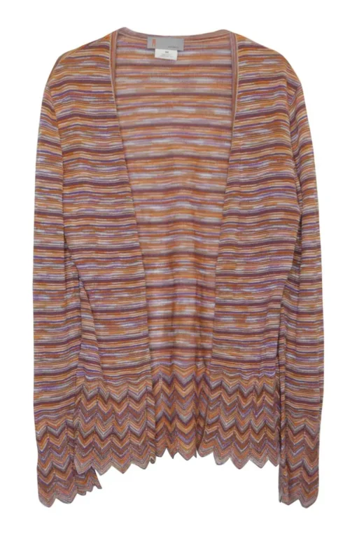 Orange and purple viscose-blend warp knit striped open-front cardigan with chevron-scalloped hem