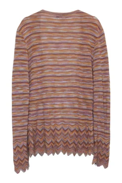 Orange and purple viscose-blend warp knit striped open-front cardigan with chevron-scalloped hem