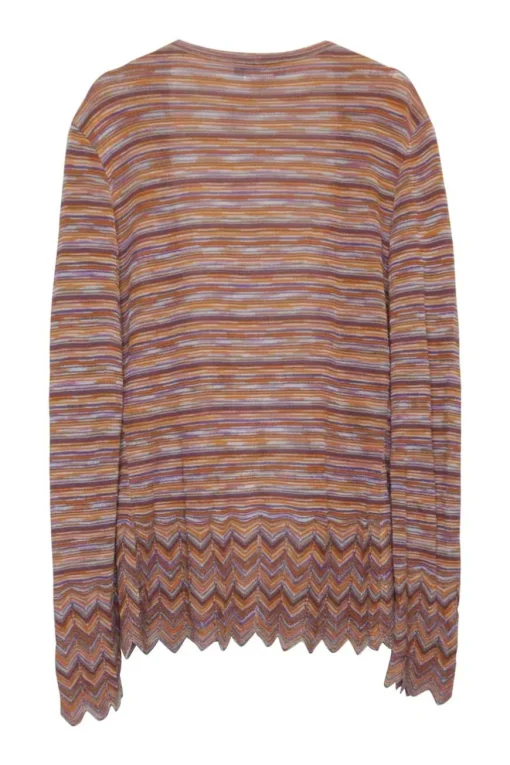 Orange and purple viscose-blend warp knit striped open-front cardigan with chevron-scalloped hem