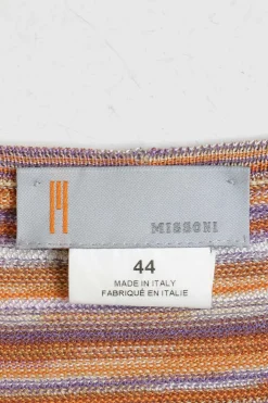 Orange and purple viscose-blend warp knit striped open-front cardigan with chevron-scalloped hem