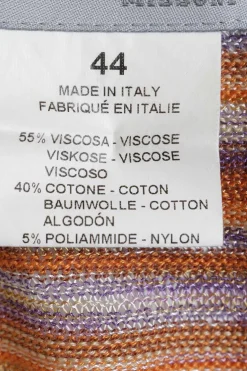 Orange and purple viscose-blend warp knit striped open-front cardigan with chevron-scalloped hem
