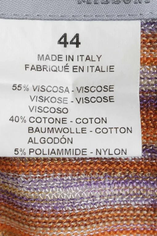 Orange and purple viscose-blend warp knit striped open-front cardigan with chevron-scalloped hem