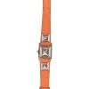 Orange Barenia calfskin and steel Médor watch featuring Swiss-made quartz movement and opaline silvered dial