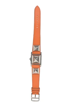 Orange Barenia calfskin and steel Médor watch featuring Swiss-made quartz movement and opaline silvered dial
