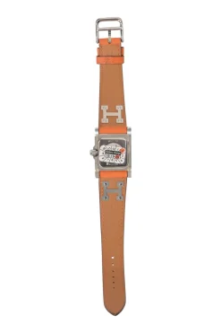 Orange Barenia calfskin and steel Médor watch featuring Swiss-made quartz movement and opaline silvered dial