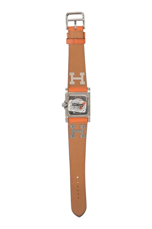 Orange Barenia calfskin and steel Médor watch featuring Swiss-made quartz movement and opaline silvered dial