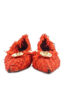 Orange bouclé tweed pointed toe half D'Orsay kitten heel pumps with eyelet button brass buckle