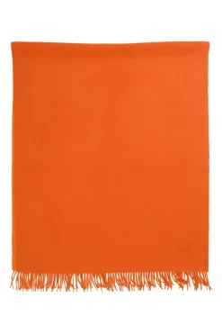 Orange cashmere double-face fringe stole featuring "Hermès Sellier Paris" broderie motif