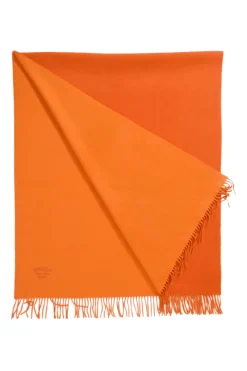 Orange cashmere double-face fringe stole featuring "Hermès Sellier Paris" broderie motif