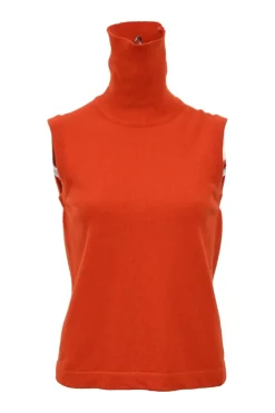Orange cashmere jersey knit two-piece set with sleeveless turtleneck and crewneck button-front cardigan