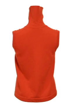 Orange cashmere jersey knit two-piece set with sleeveless turtleneck and crewneck button-front cardigan