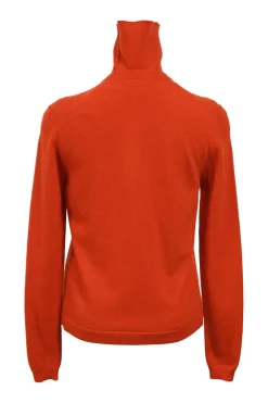 Orange cashmere jersey knit two-piece set with sleeveless turtleneck and crewneck button-front cardigan