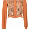 Orange cotton and silk mixed-media interlock jersey knit button-front foulard cardigan featuring woven paisley print panels