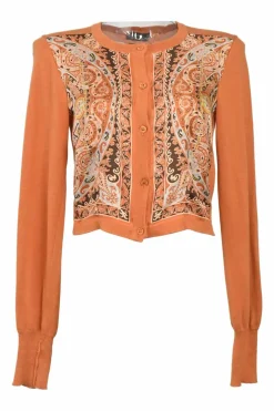 Orange cotton and silk mixed-media interlock jersey knit button-front foulard cardigan featuring woven paisley print panels