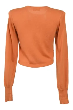 Orange cotton and silk mixed-media interlock jersey knit button-front foulard cardigan featuring woven paisley print panels