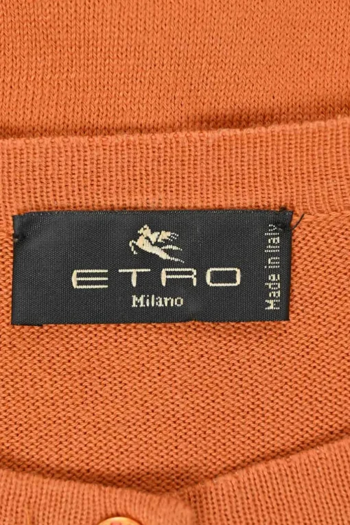 Orange cotton and silk mixed-media interlock jersey knit button-front foulard cardigan featuring woven paisley print panels