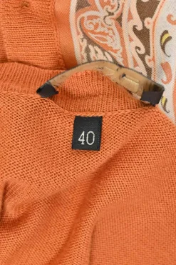 Orange cotton and silk mixed-media interlock jersey knit button-front foulard cardigan featuring woven paisley print panels