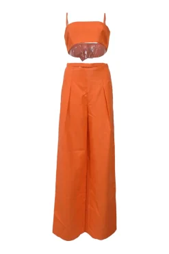 Orange cotton-blend bralette and pleat-front wide-leg trouser two-piece set