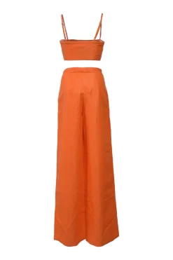 Orange cotton-blend bralette and pleat-front wide-leg trouser two-piece set