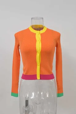 Orange cotton-blend interlock knit button-front cardigan and pullover gilet twin set