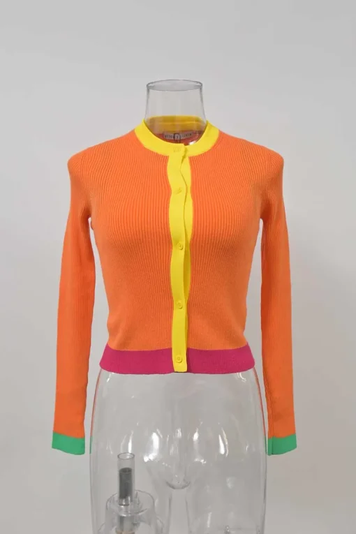Orange cotton-blend interlock knit button-front cardigan and pullover gilet twin set