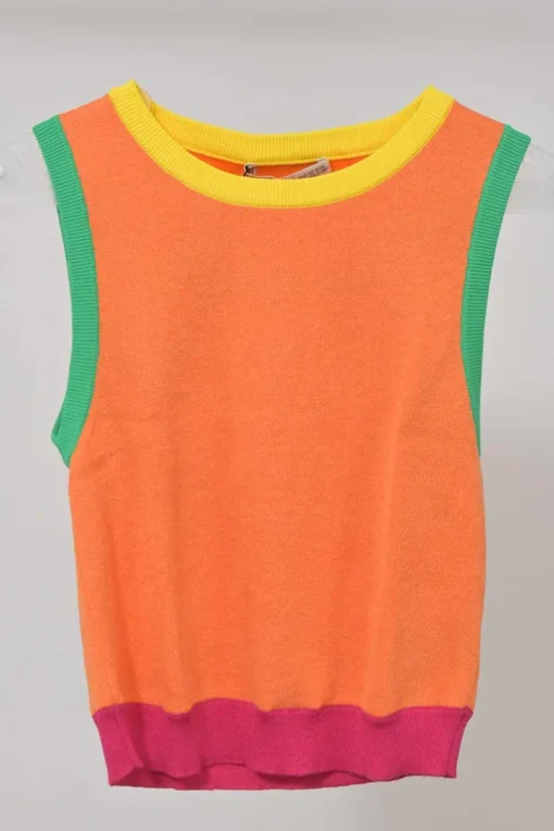 Orange cotton-blend interlock knit button-front cardigan and pullover gilet twin set