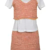 Orange cotton-blend scalloped bouclé knit bi-layer effect bustier T-shirt and mini skirt two-piece set