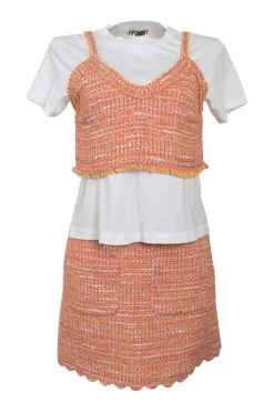 Orange cotton-blend scalloped bouclé knit bi-layer effect bustier T-shirt and mini skirt two-piece set