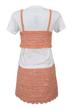Orange cotton-blend scalloped bouclé knit bi-layer effect bustier T-shirt and mini skirt two-piece set