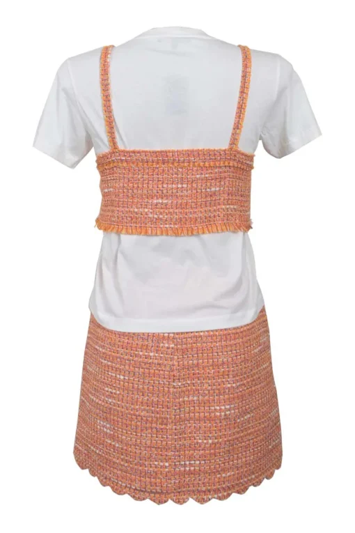 Orange cotton-blend scalloped bouclé knit bi-layer effect bustier T-shirt and mini skirt two-piece set