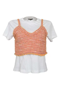 Orange cotton-blend scalloped bouclé knit bi-layer effect bustier T-shirt and mini skirt two-piece set
