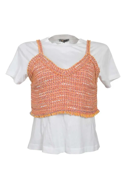 Orange cotton-blend scalloped bouclé knit bi-layer effect bustier T-shirt and mini skirt two-piece set