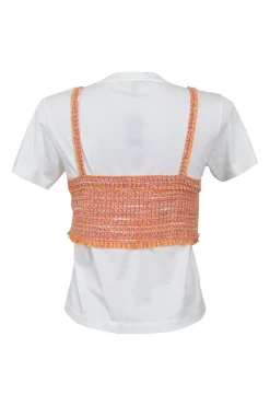 Orange cotton-blend scalloped bouclé knit bi-layer effect bustier T-shirt and mini skirt two-piece set