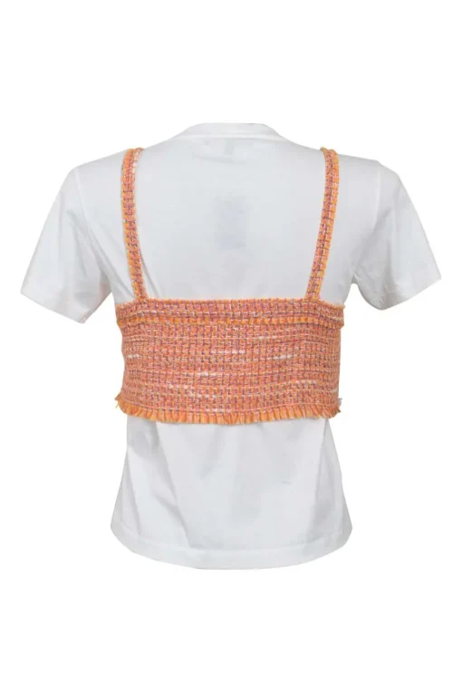 Orange cotton-blend scalloped bouclé knit bi-layer effect bustier T-shirt and mini skirt two-piece set