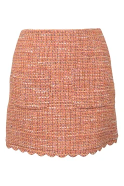 Orange cotton-blend scalloped bouclé knit bi-layer effect bustier T-shirt and mini skirt two-piece set