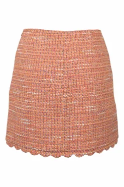 Orange cotton-blend scalloped bouclé knit bi-layer effect bustier T-shirt and mini skirt two-piece set