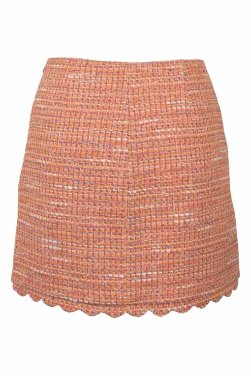 Orange cotton-blend scalloped bouclé knit bi-layer effect bustier T-shirt and mini skirt two-piece set